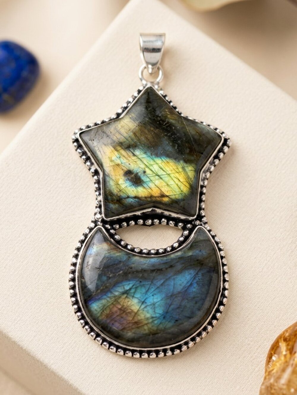 OOAK Labradorite Star & Crescent Moon Pendant Tested Stone 925 Bale